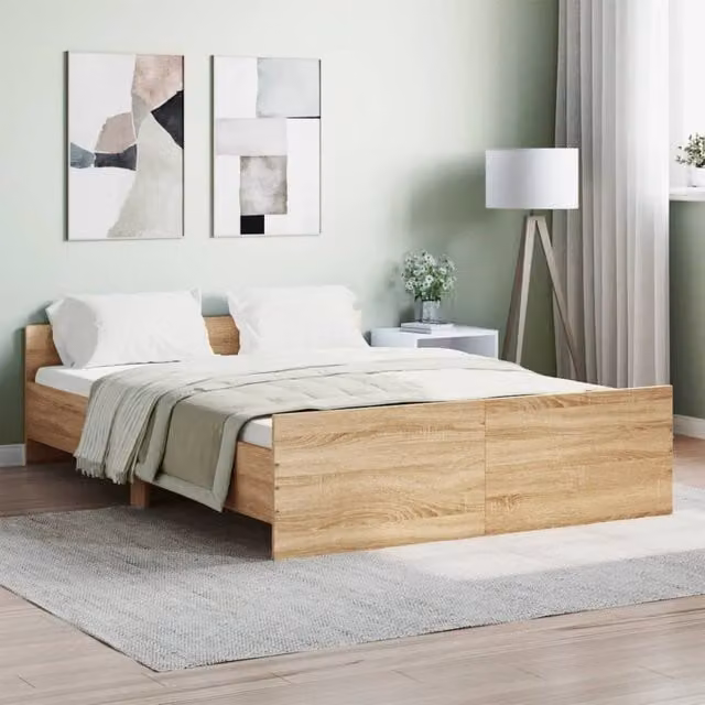 Berkfield Home Sonoma Oak Bed Frame with Headboard and Footboard in Brown, W/D/H: 140 x 190 cm – 1