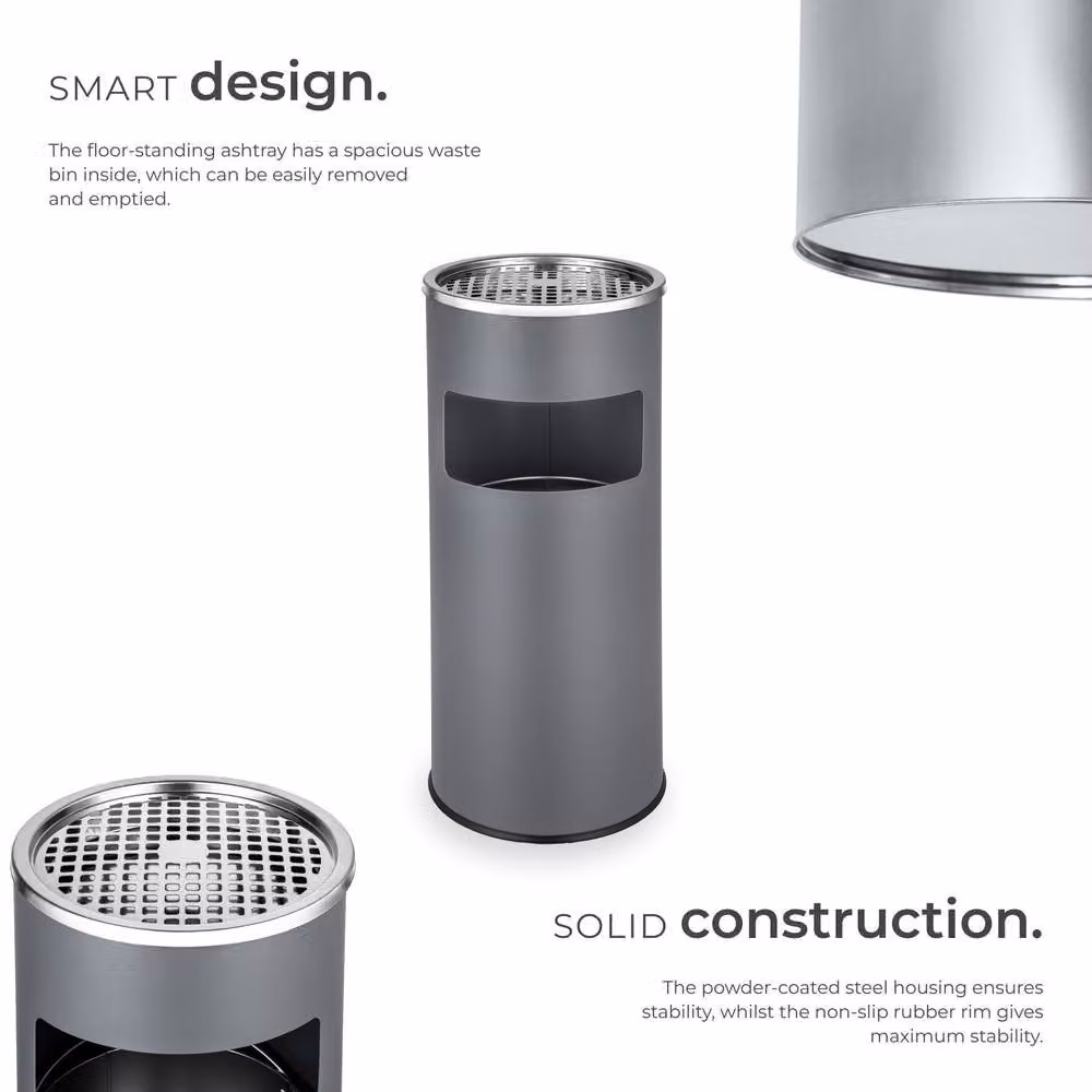 tectake Freestanding Metal Floor-Standing Ashtray in Grey with Removable Inner Bucket, H: 61.0 cm, W: 25.0 cm, D: 2.0 cm – 3