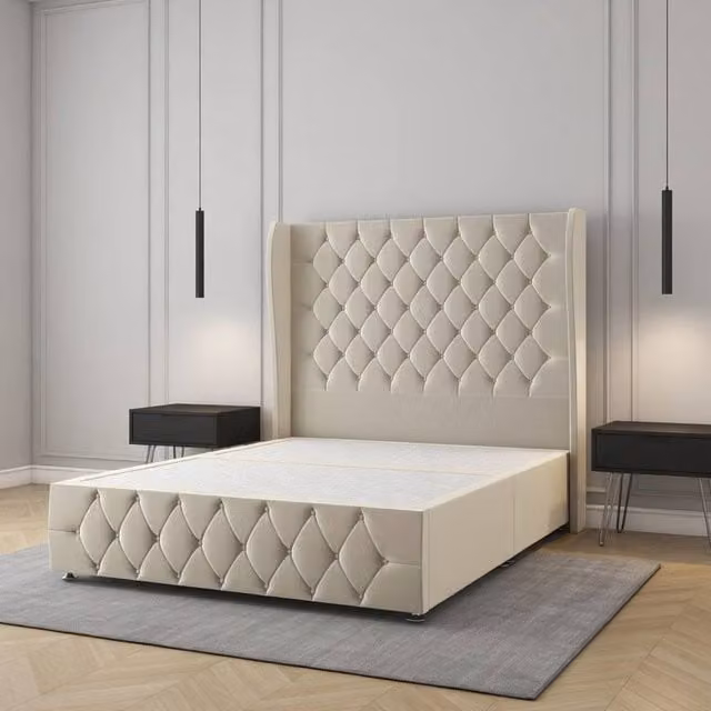 Regional Furnishings Plush Velvet Upholstered Divan Bed with Headboard and Footboard in Beige, W/D: 90 x 200 cm
