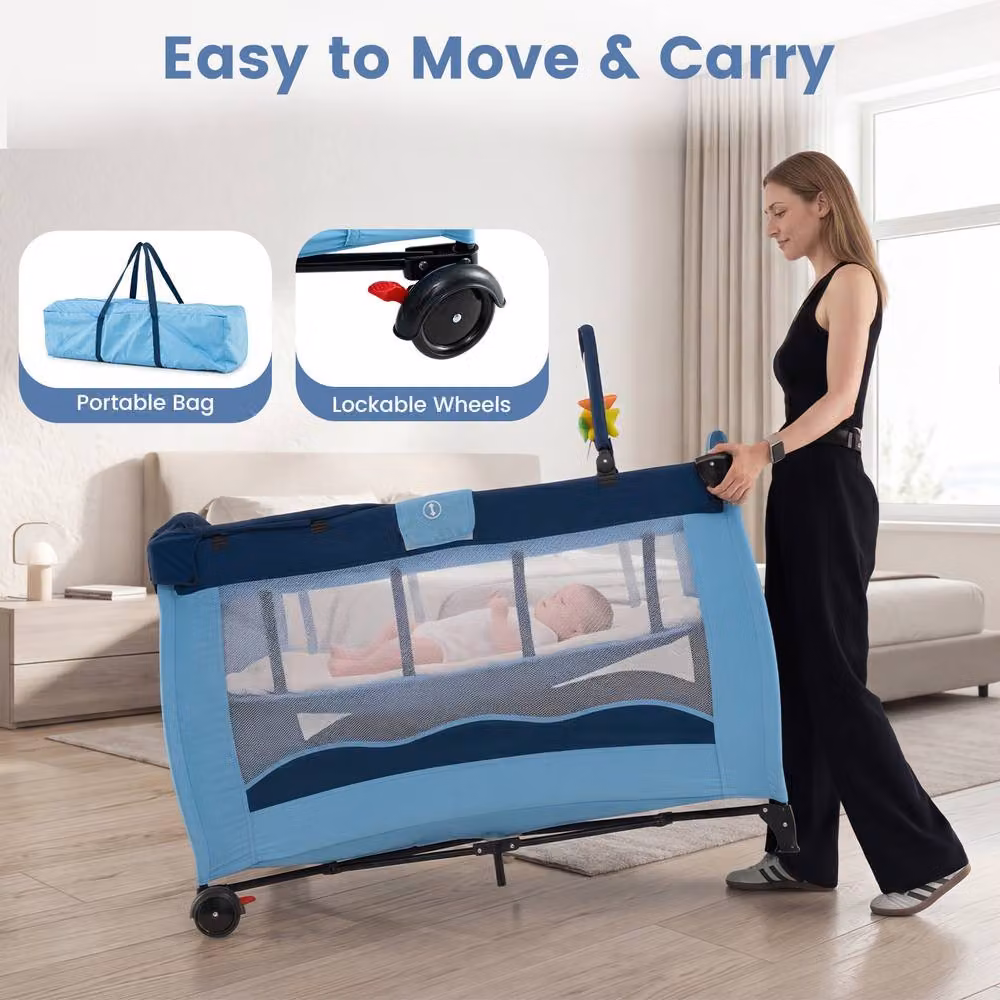 Gymax Folding Playpen in Blue with Diaper Changing Table, 2 Lockable Wheels and 3 Hanging Toys – 5