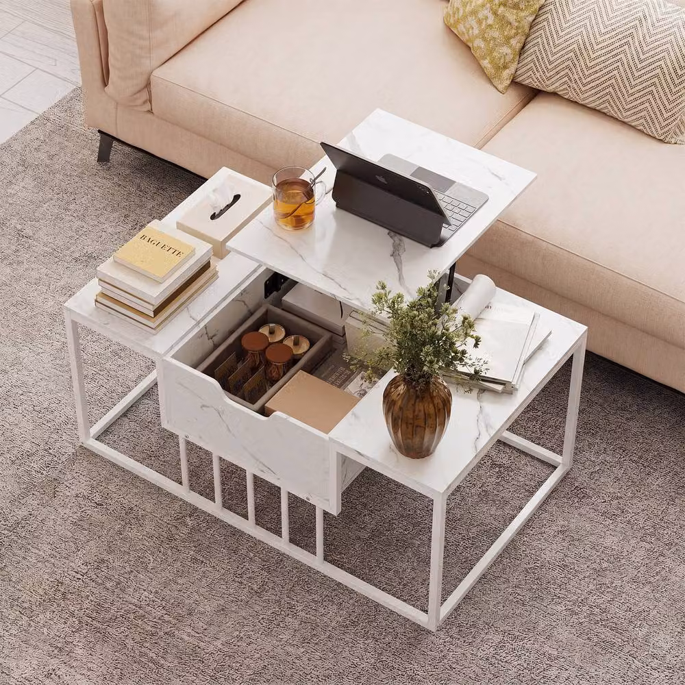Costway White Modern Rectangular Coffee Table with Hidden Storage Compartment and Lift Mechanism – 2