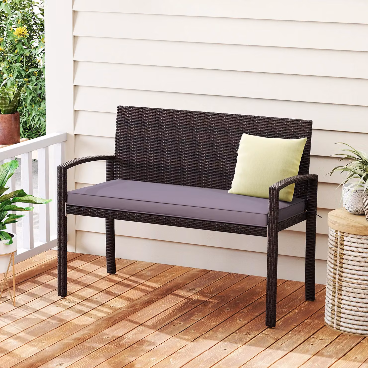 Costway Grey Rattan 2-Seat Patio Loveseat Wicker Bench with Soft Cushions – 3