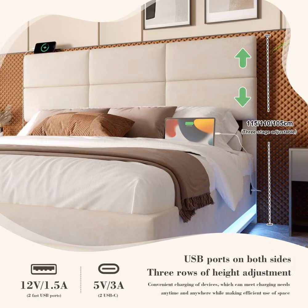 Direct Wicker Grey Velvet Upholstered Double Bed with LED Lighting, USB Charging Port and Lift Up Base, W/D/H: 140 x 200 x 151 cm – 5