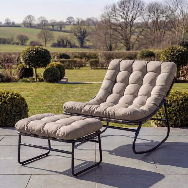 Artemis Home Modern Metal Outdoor Rocking Chair and Stool in Brown and Beige
