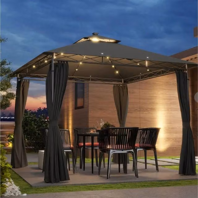 Chilli Seating Grey Metal Solar LED Gazebo, W: 300 cm x D: 300 cm