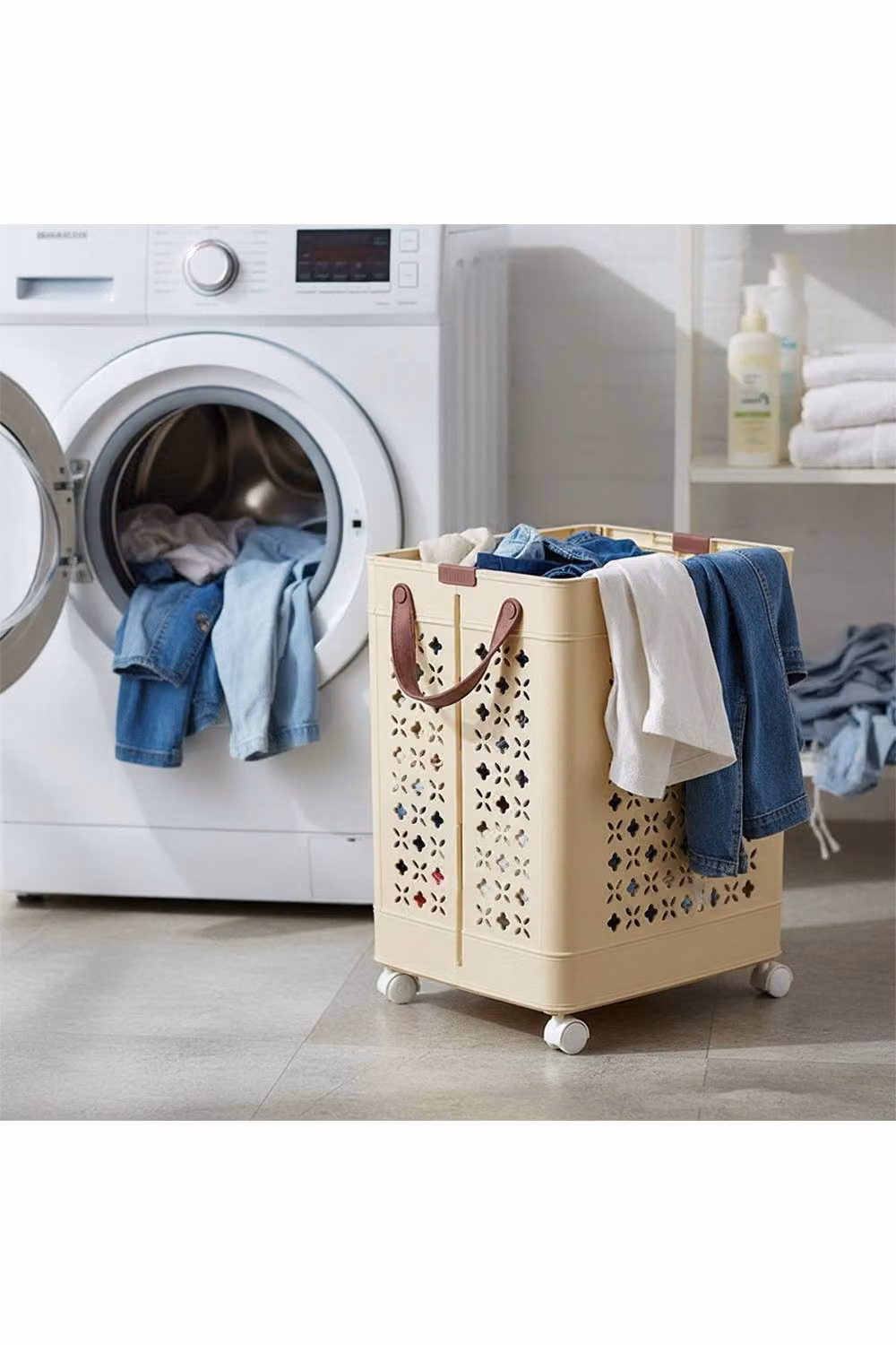 Living and Home Collapsible Laundry Basket with Wheels and Handles in Beige – 3