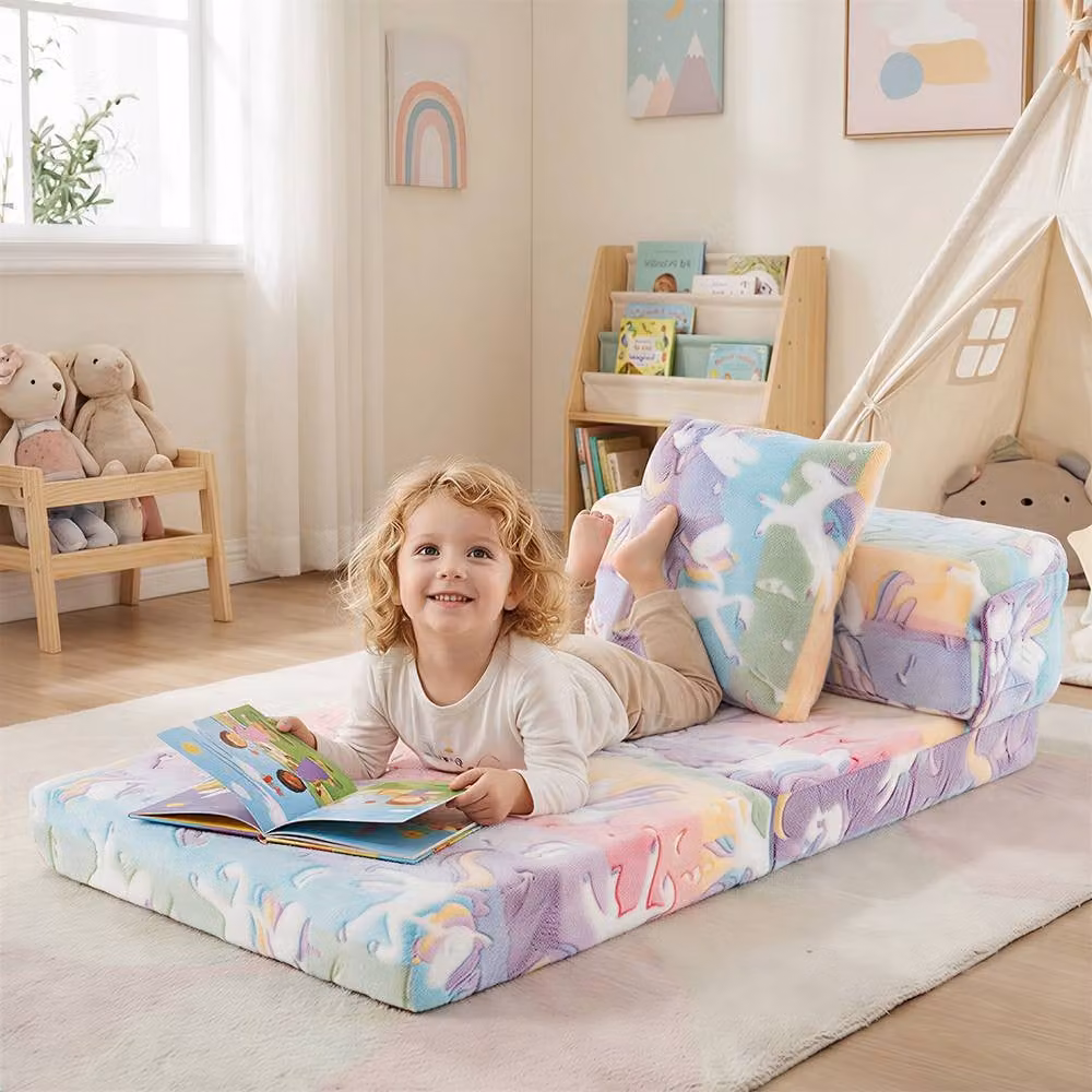 Costway Glow In the Dark 3-in-1 Fold Out Kids Sofa Bed with Multicolour Abstract Flannel Covers – 2