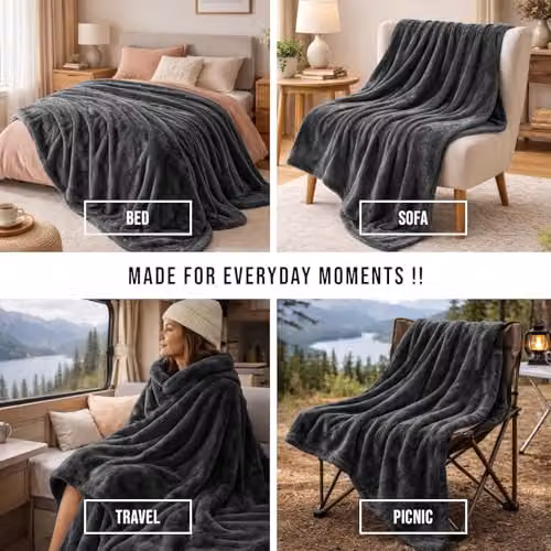 Pamposh Grey Flannel Fleece Double Throw Blanket, W: 150 cm, D: 200 cm – 7