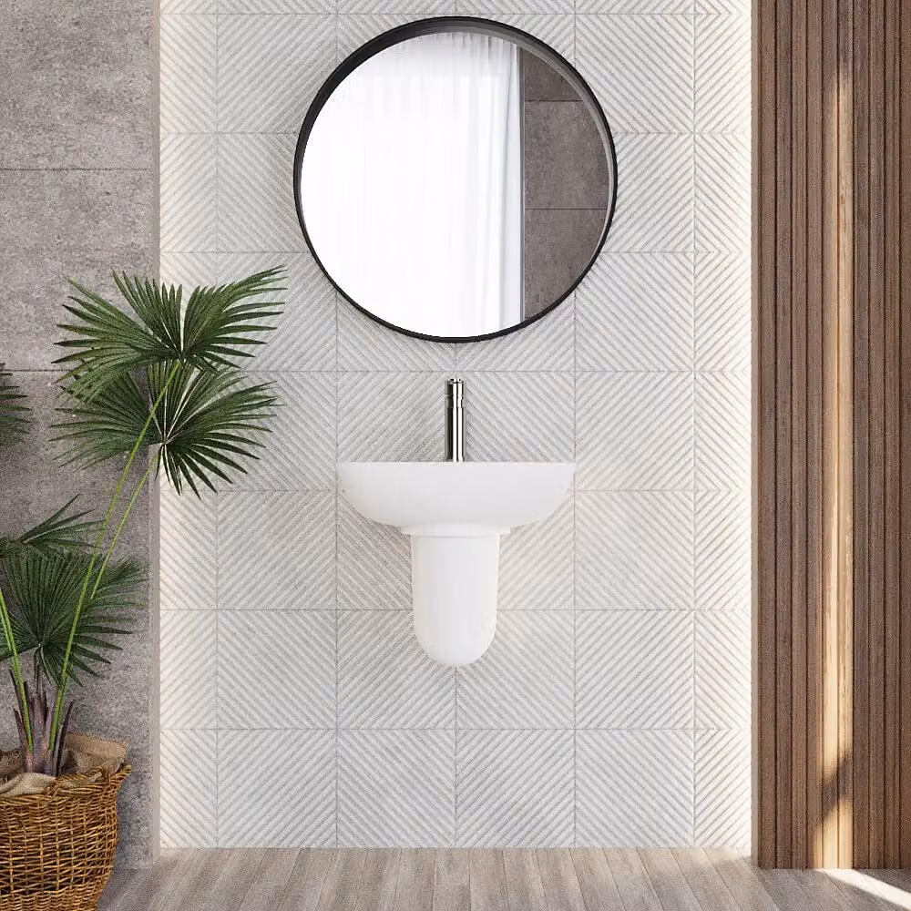 Balterley Square Wall Hung Ceramic Bathroom Sink with Semi Pedestal and 1 Tap Hole, White, W: 45 cm