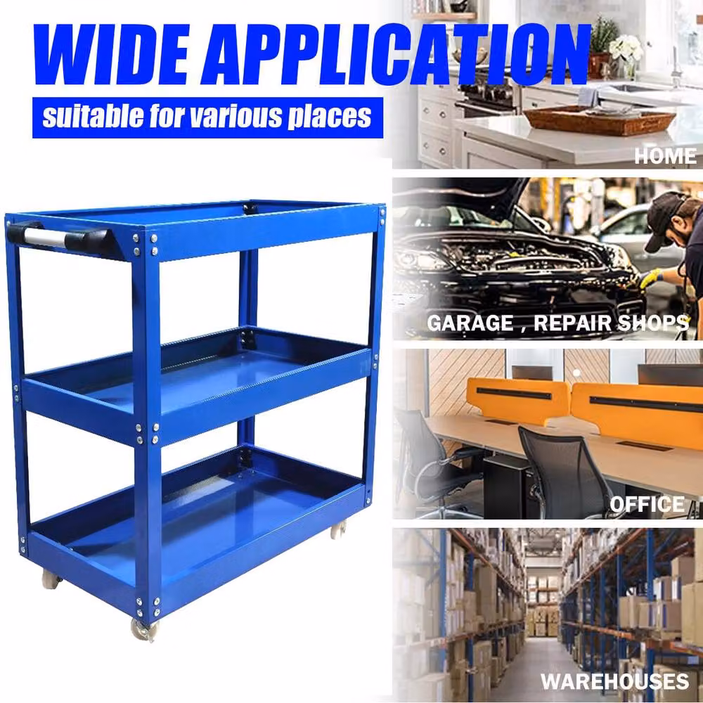 Dprodo Heavy Duty 3-Shelf Rolling Metal Cart with Brake Wheels, Blue, W/D/H: 60 x 60 x 74 cm – 7