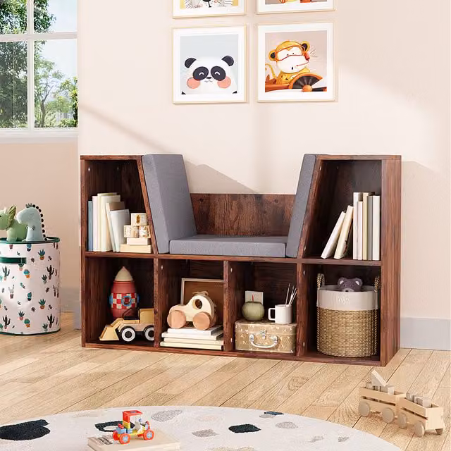 Komore Retro Brown Childrens Cube Bookcase with Reading Seat