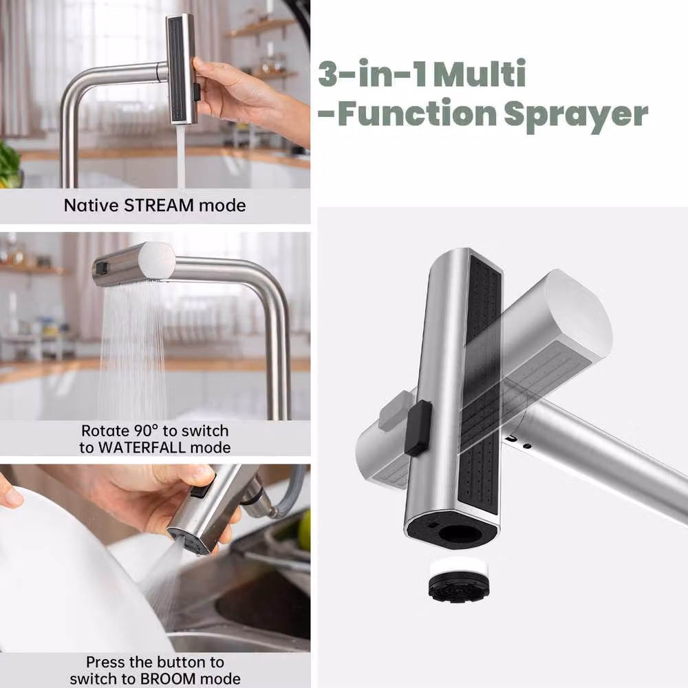 Blylund Waterfall Kitchen Faucet in Brushed Nickel Silver with Pull Out Spout and Spray Function – 3