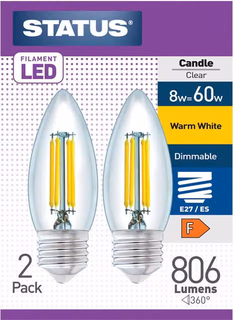 Status Pack of 2 Warm White Dimmable Vintage Filament LED Candle Bulbs, Transparent