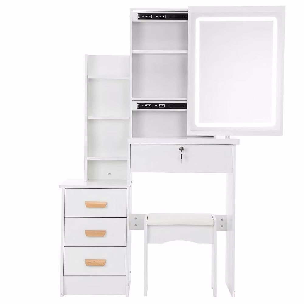 FORGEVIO Modern White Dressing Table Set with Drawers, Hollywood LED Mirror and Stool – 2