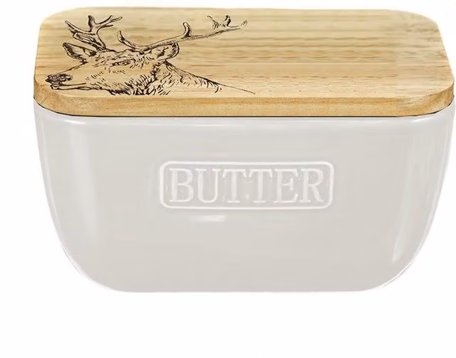 Selbrae House White Ceramic and Wood Stag Butter Dish