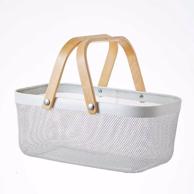 Eden & Willow White Mesh Metal Storage Basket with Wooden Handles