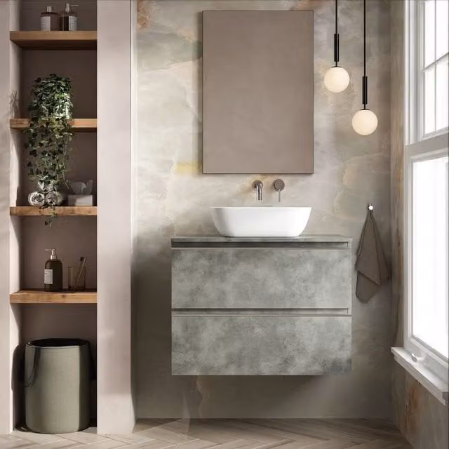 Banyetti Vatilla Wall Hung Vanity Unit with Matching Worktop in Cemento Grey, W: 80 cm, D: 45 cm, H: 59 cm