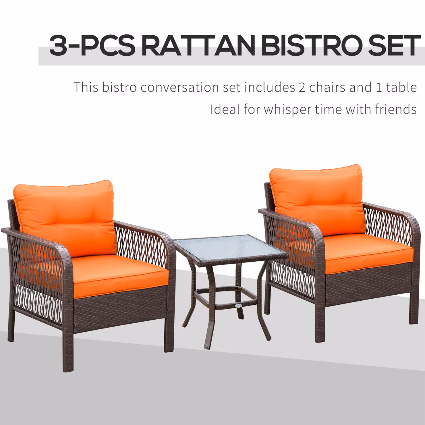 Outsunny 3 Piece Rattan Bistro Set with Upholstered Armchairs and Glass Top Coffee Table in Orange – 4