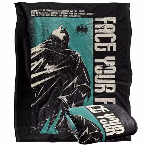 LOGOVISION Batman Face Your Fear Super Soft Silky Touch Fleece Throw Blanket, Multicolour, W: 152 cm, D: 127 cm – 1