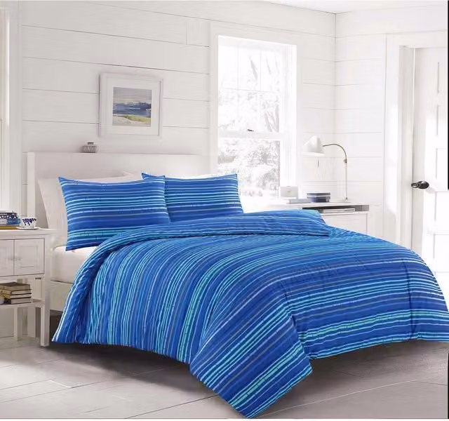 Homespace Direct Ltd Leon Blue Striped Duvet Cover and Pillowcase Set, Blue, W/D/H: 200 x 200 cm and 50 x 75 cm