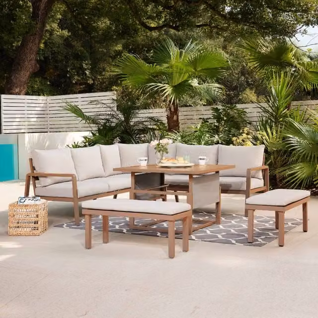 GRS Global Etna Corner Garden Sofa Benches in Natural Wood and Metal