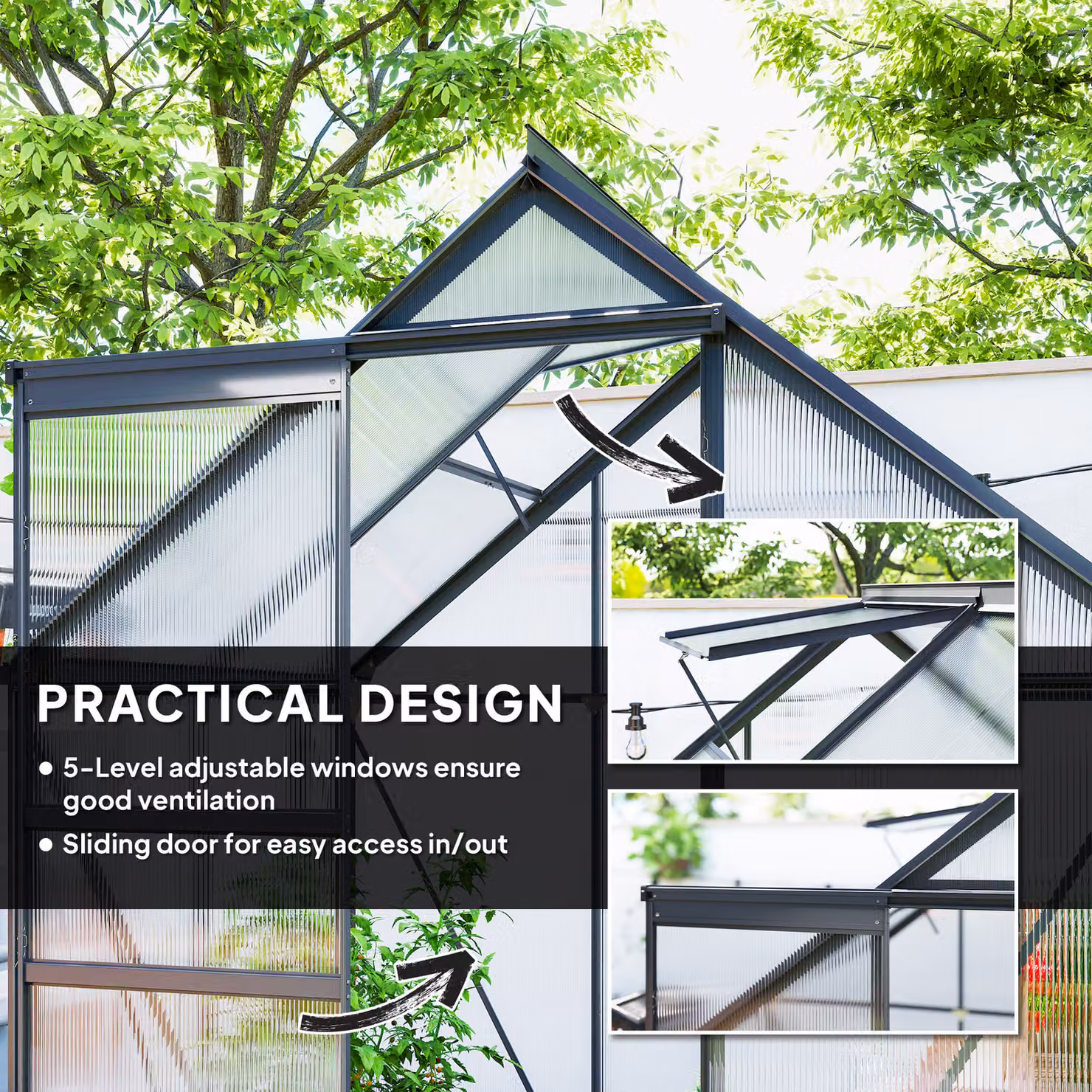 Outsunny Transparent Polycarbonate Walk-In Greenhouse with Sliding Window and Rain Gutter, W/D/H: 131 x 131 x 200 cm – 4