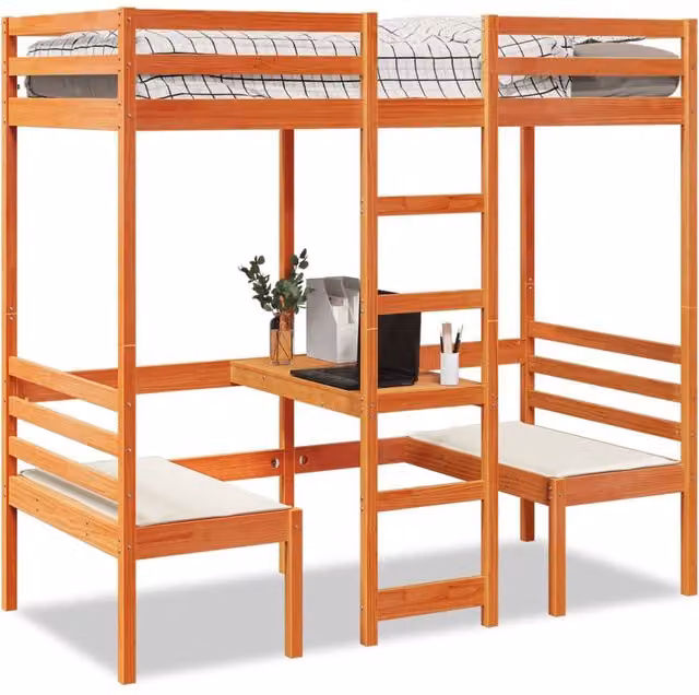 Berkfield Home Loft Bed Frame with Desk and Chairs in Wax Brown Solid Pine Wood, W/D/H: 80 x 200 cm