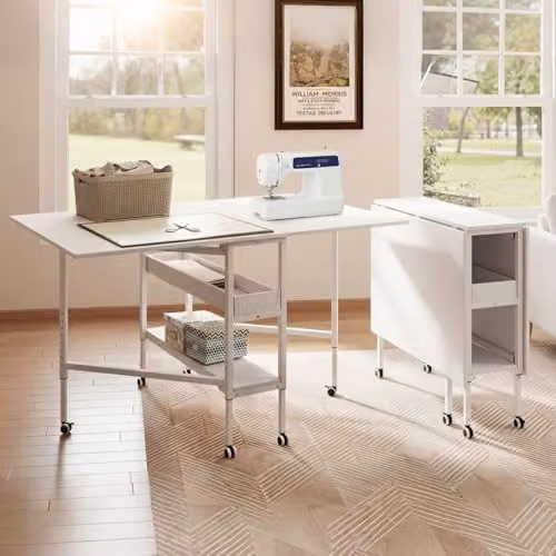 Levede White Folding Adjustable Sewing Table with Mobile Castors and Storage Shelves, Height: 84-102 cm, W/D/H: 146 x 90 x 84-102 cm – 1