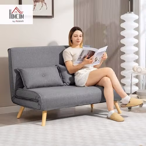 HOMCOM 2 Seater Click Clack Sofa Bed in Grey with Fabric Upholstery and Metal Frame – 2