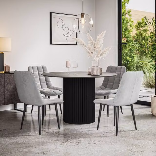 More4Homes Arlo Round Concrete Dining Table with Black Legs and 6 Nova Grey Velvet Dining Chairs Set, W: 120 cm, H: 75 cm – 1