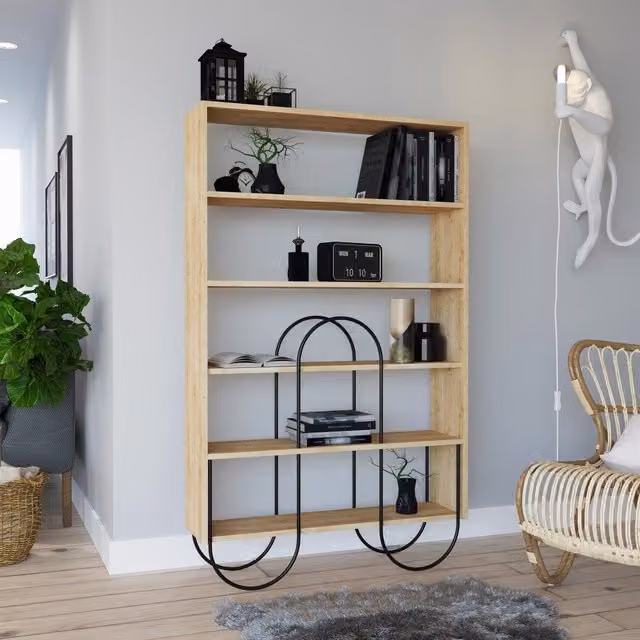 FWStyle 5 Shelf Modern Freestanding Shelving Display Unit with Curved Metal Frame in Natural Oak and Black