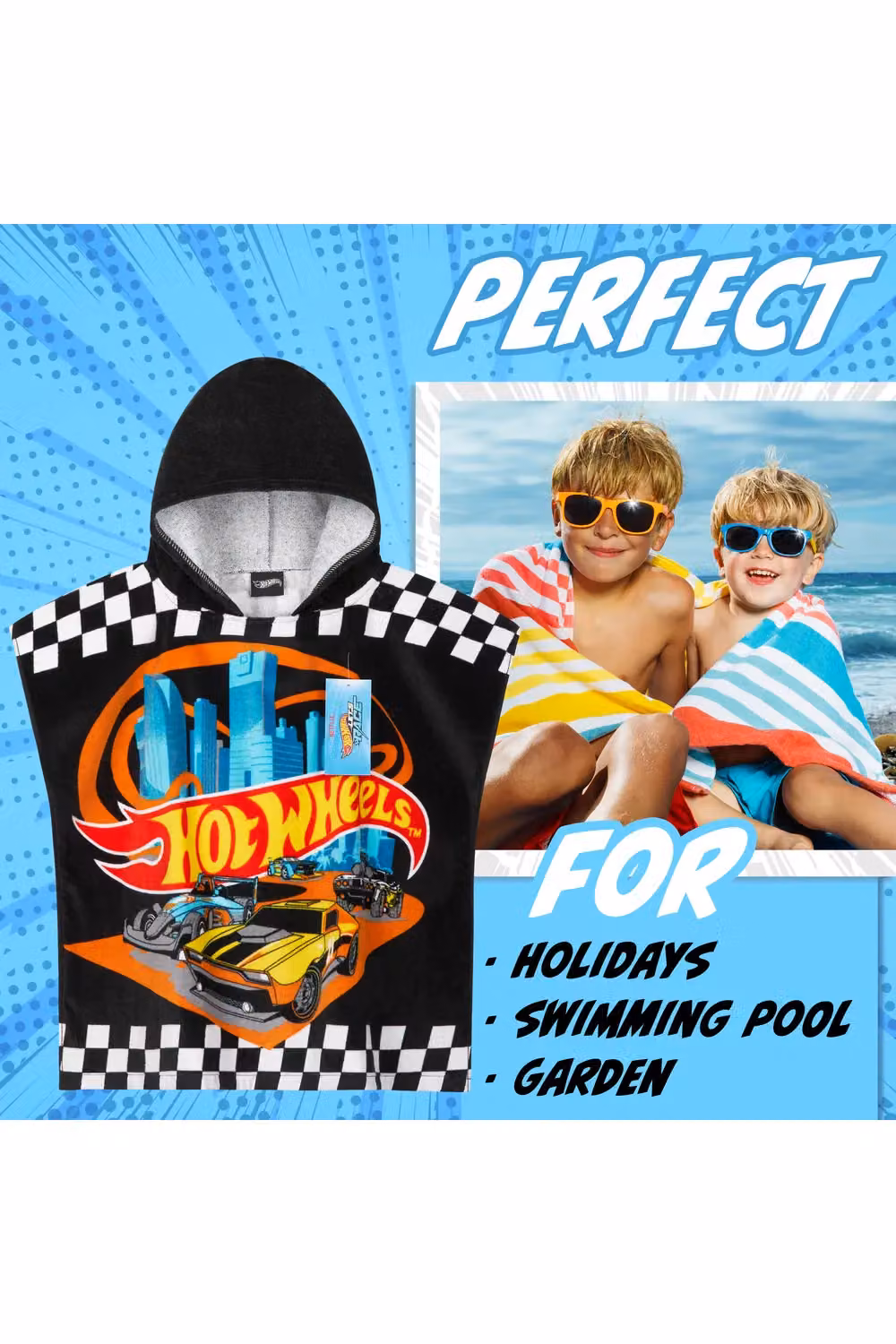 Get Trend Hot Wheels Hooded Bath Towel Poncho for Kids, Black – 4