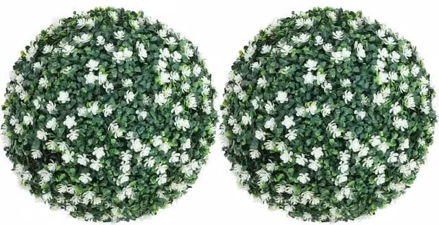 HOMCOM Set of Two Green Artificial Round Boxwood Plants in White Pots – 1