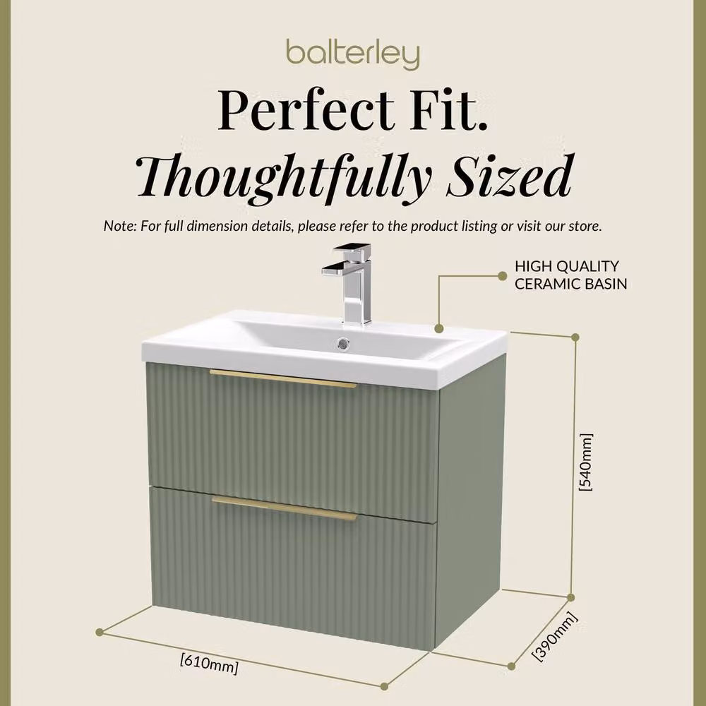 Balterley Fluted Front Wall Hung 2 Drawer Vanity Basin Unit, Satin Green, W: 60 cm, D: 54 cm, H: 60 cm – 3