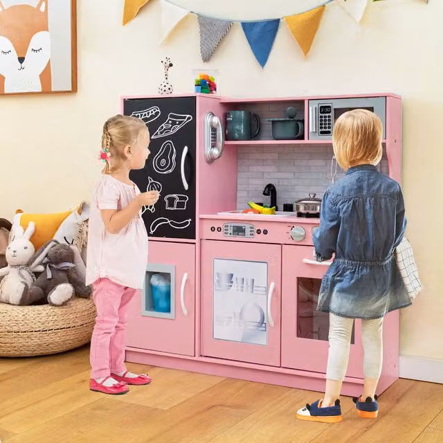 COSTWAY Pink Toddler Pretend Play Kitchen Playset