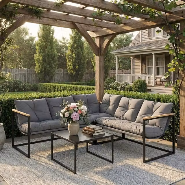 Outsunny 4 Piece Modern Garden Furniture Set with Cushions and Coffee Table, Grey