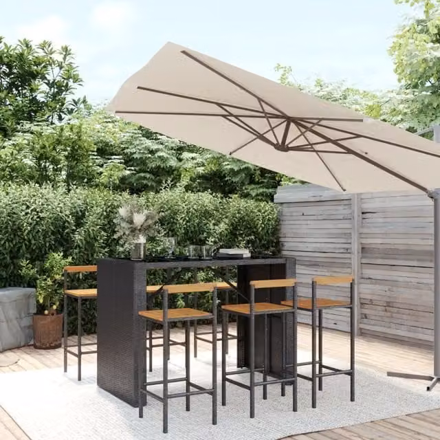 Berkfield Home 7 Piece Garden Bar Set in Black Poly Rattan and Solid Acacia Wood – 1