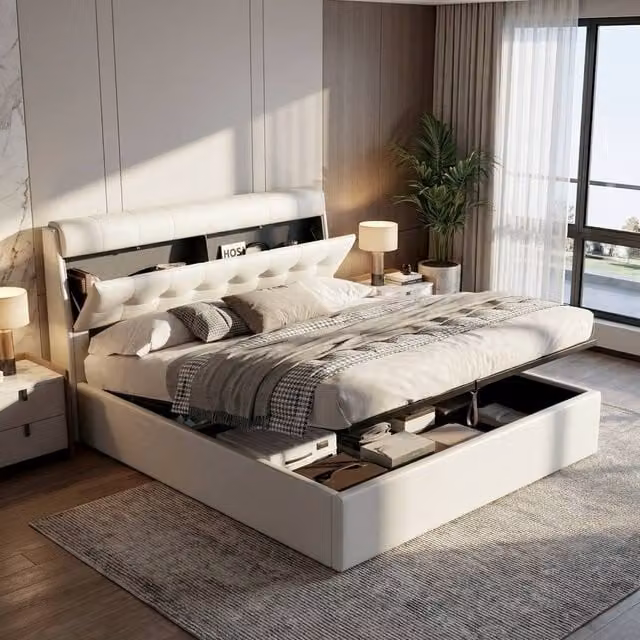 ModernLuxe Upholstered Double Bed with Hydraulic Lift-Up Storage and Headboard in White Synthetic Leather, W/D/H: 140 x 200 x 150 cm