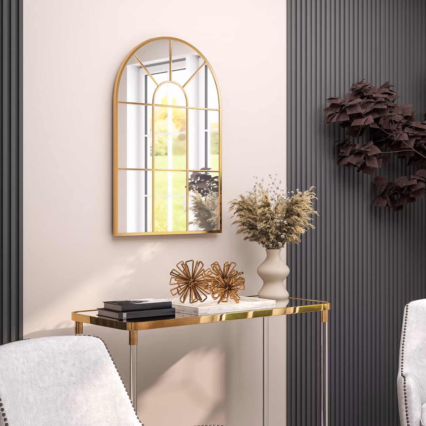 HOMCOM Modern Arched Window Wall Mirror in Gold Tone, W: 60 cm, H: 91 cm – 3