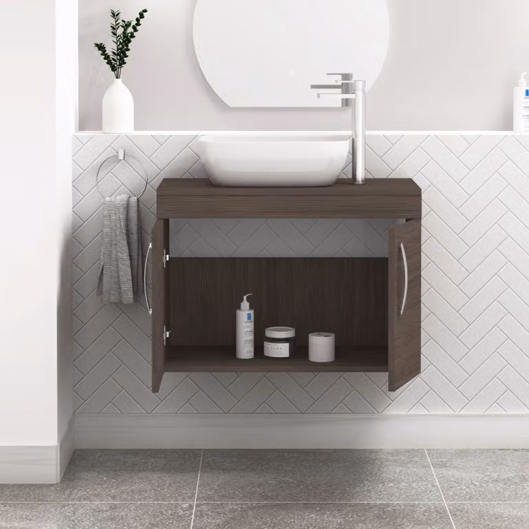Royal Bathrooms Turin 800mm Wall Hung 2 Door Vanity Unit in Grey Elm with Countertop Basin