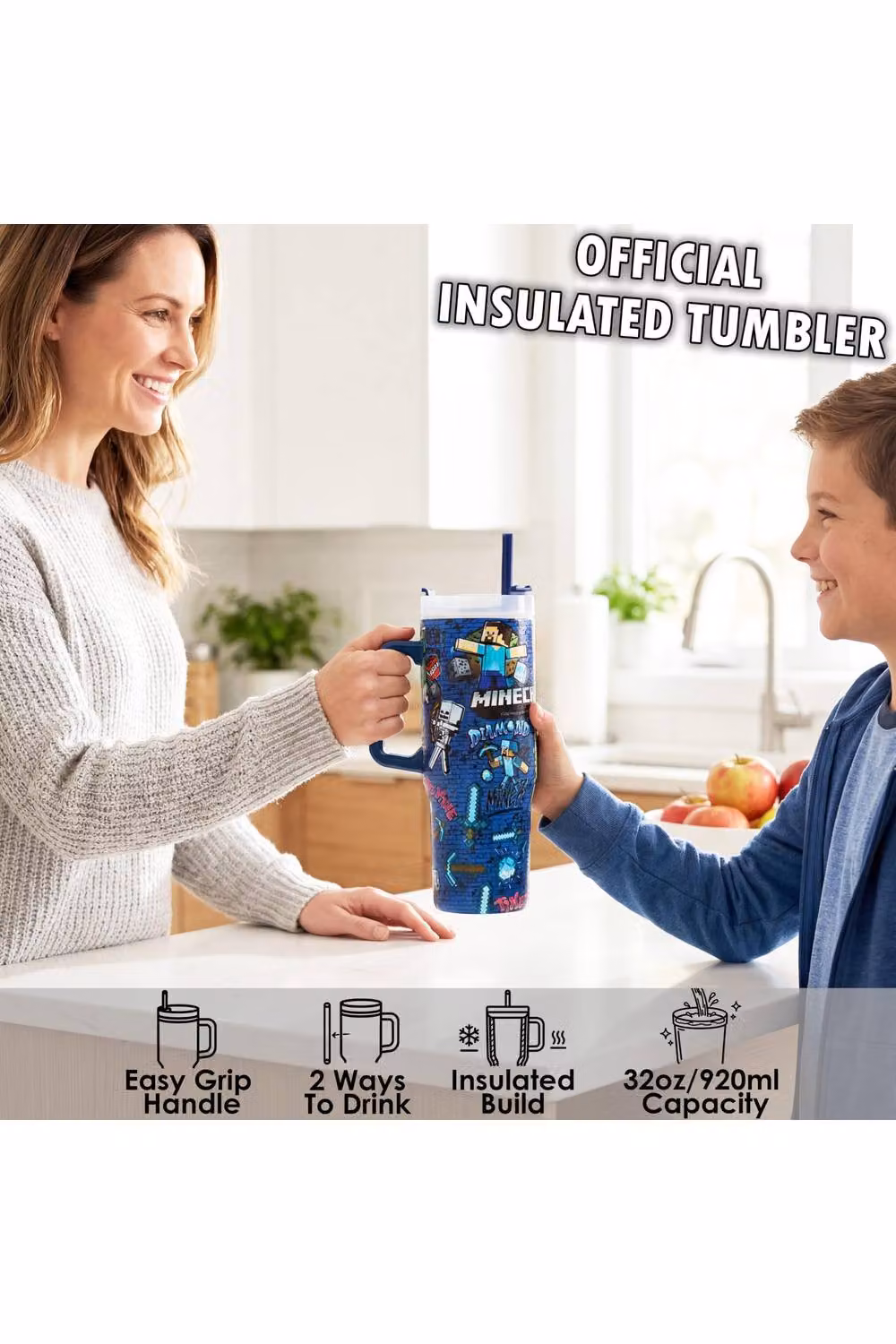 Minecraft Insulated Stainless Steel Tumbler with Straw and Handle, Blue, 920ml – 2