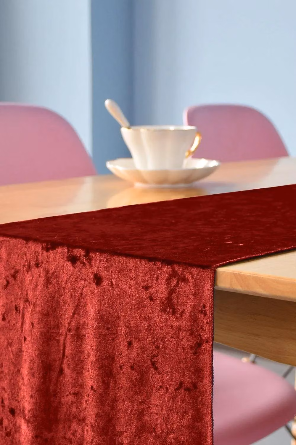Neel Blue Red Crushed Velvet Table Runner, W/H: 33 x 274 cm – 1