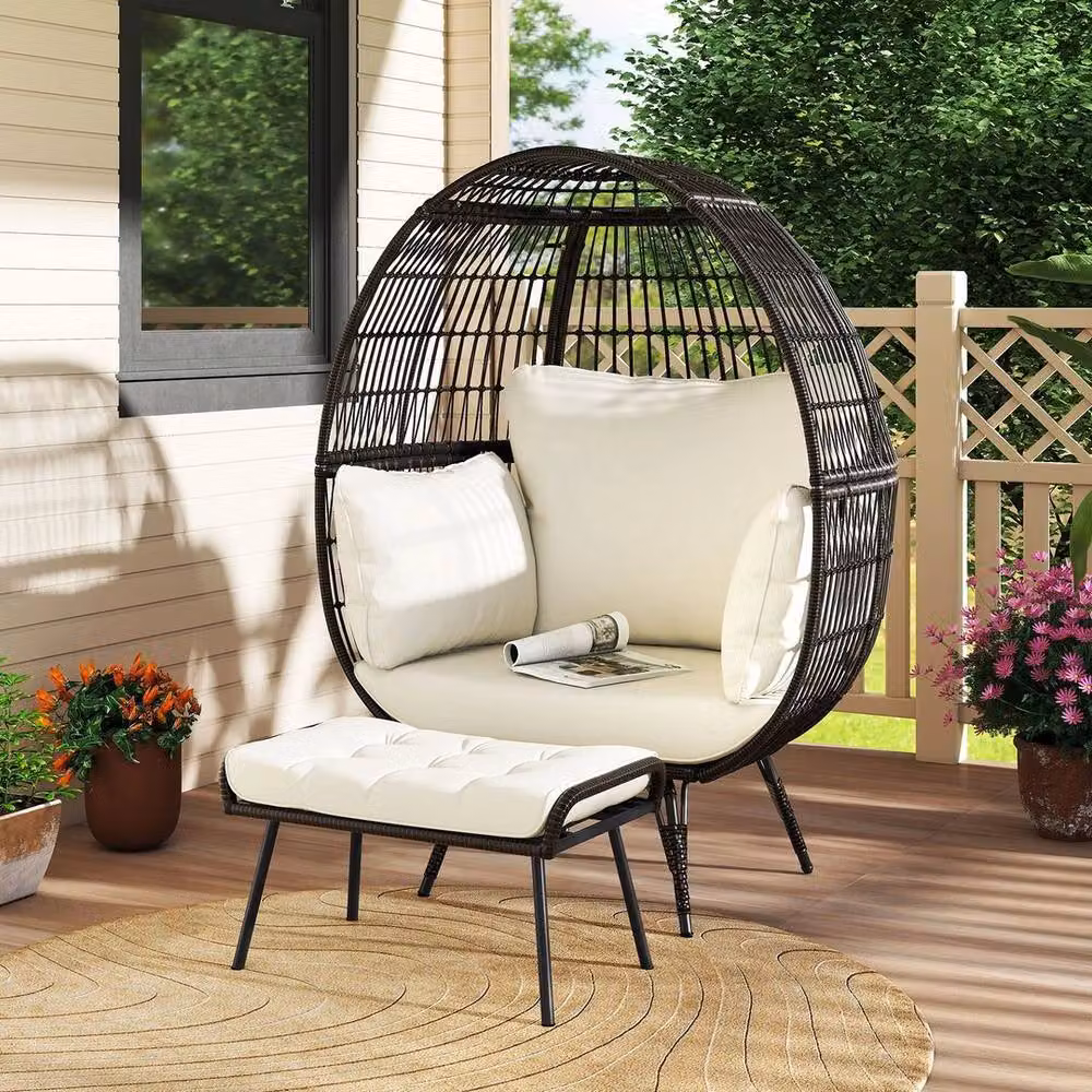 KORVIXA Oversized Egg Chair with Ottoman and Soft Cushions in White and Multicolour, W/D/H: 100 x 100 x 110 cm – 3