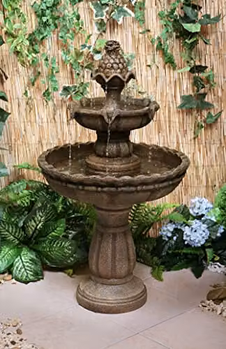 Primrose 2 Tier Round Cascading Outdoor Water Feature in Antique Bronze Stone Effect, Height: 93 cm
