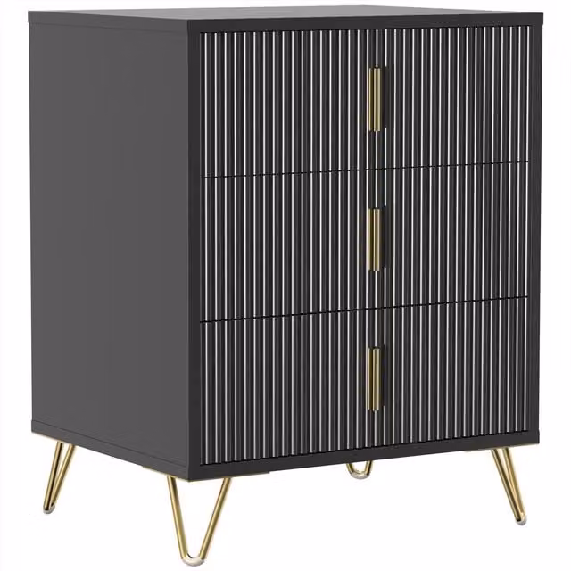 HOMCOM Modern 3-Drawer Fluted Dresser with Metal Legs and Steel Handles in Black and Gold