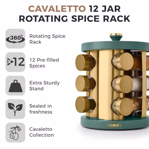 Tower Cavaletto 12 Jar Rotating Spice Rack with Pre-Filled Spices, Green and Gold, W/D/H: 19 x 19 x 25 cm – 2