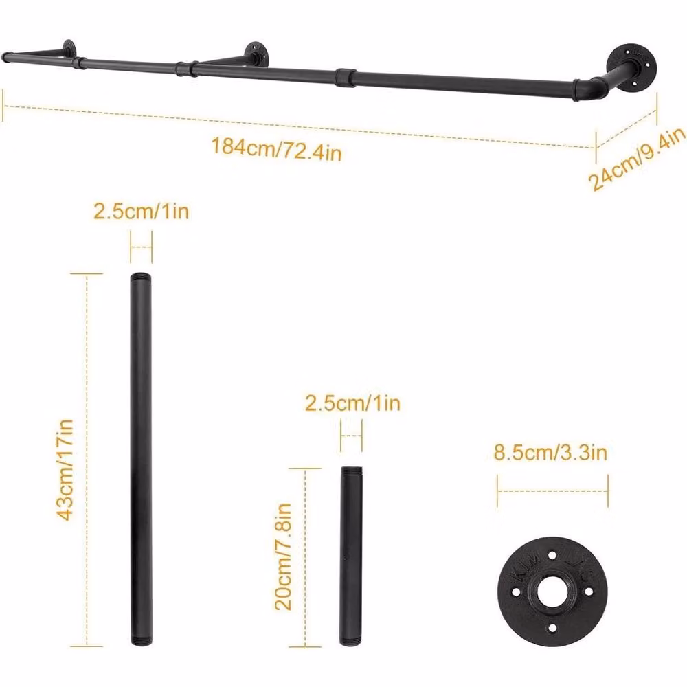 EONLION Black Metal Wall Mounted Clothing Rack and Hanging Display Rail, Height: 184 cm – 2