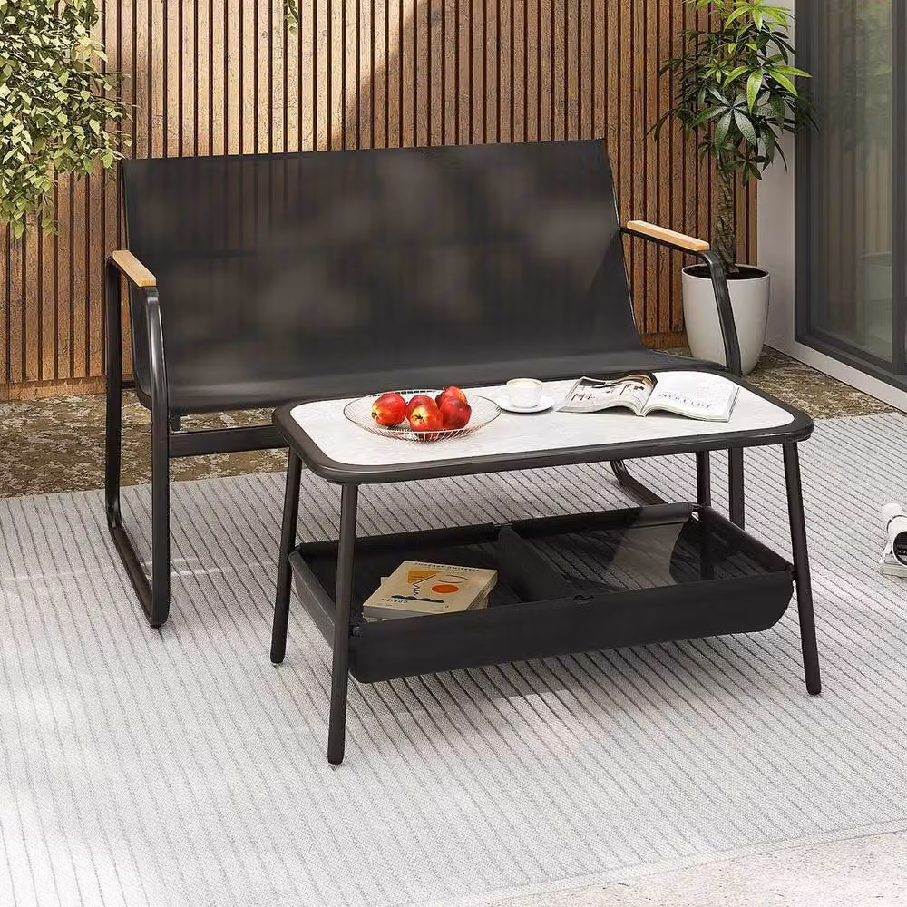 Kelvenix Black Metal Outdoor Loveseat and Coffee Table Set – 3
