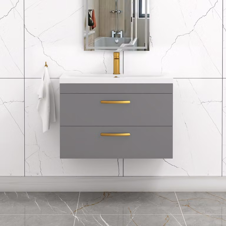 Royal Bathrooms Turin 800mm Wall Hung Vanity Unit in Indigo Grey Gloss with 2 Drawers and Brushed Brass Handles
