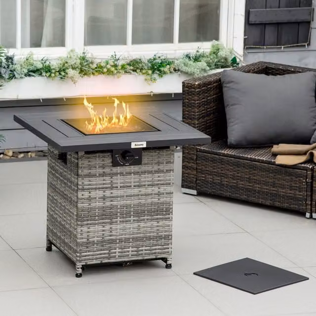 Outsunny Grey Polyrattan Gas Fire Pit Table with 40,000 BTU Output